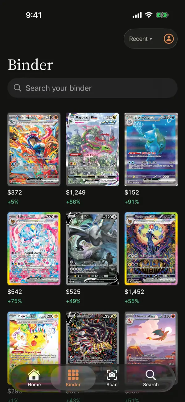 The Binder screen: the cards in a grid, nine to a page, each with its price and how far it has moved.