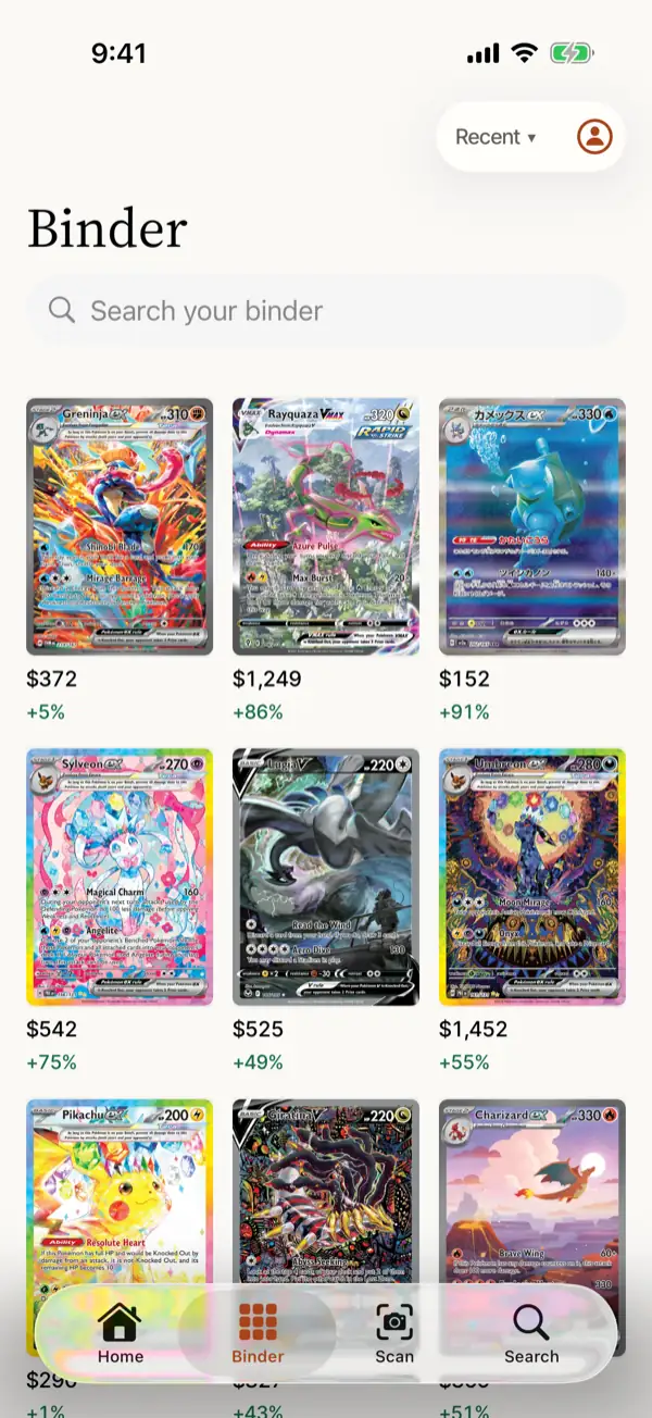 The Binder screen: the cards in a grid, nine to a page, each with its price and how far it has moved.