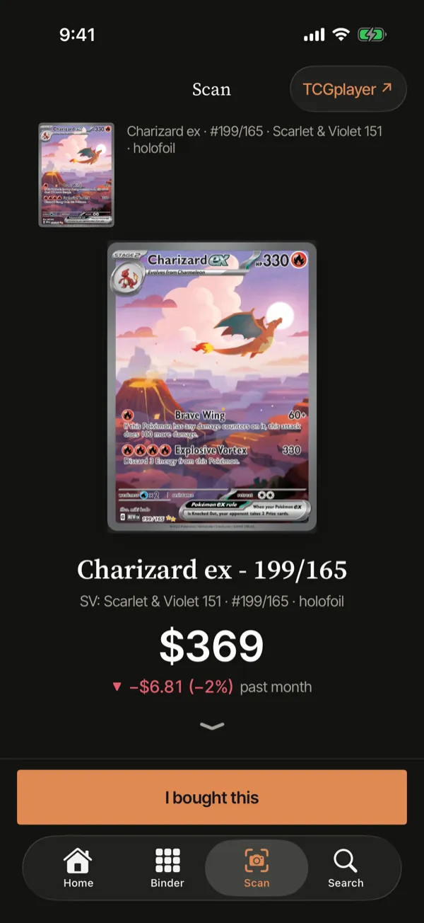 The Scan screen: a card read from the camera, named, numbered and priced, with I bought this.