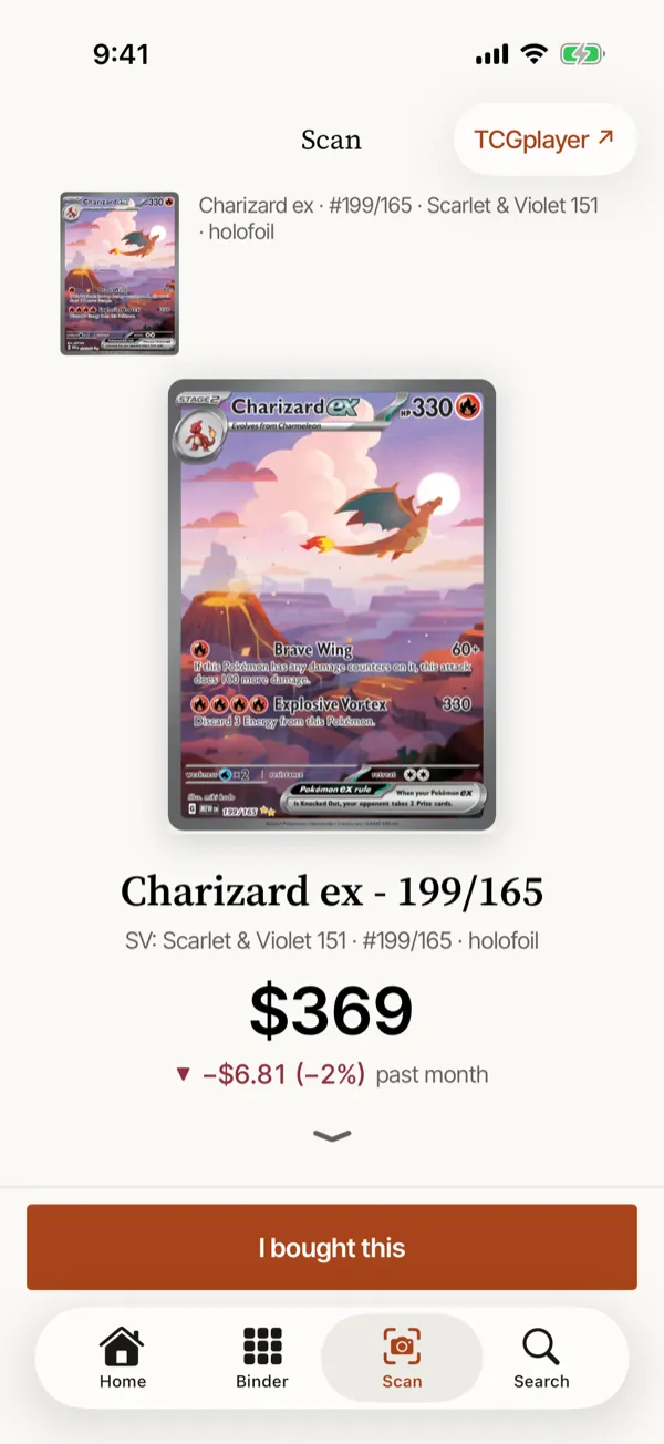 The Scan screen: a card read from the camera, named, numbered and priced, with I bought this.