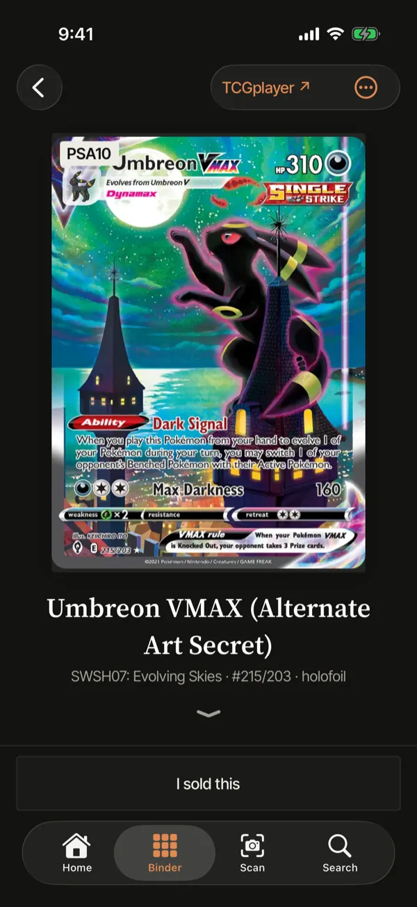 A PSA 10 slab's screen in the app.