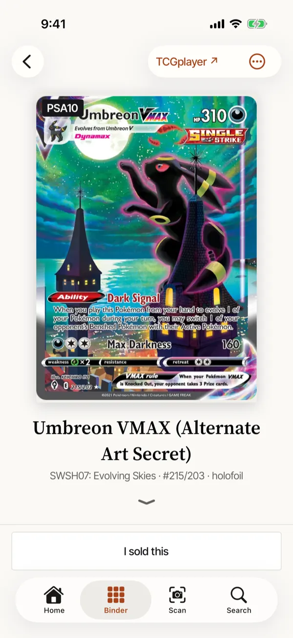 A PSA 10 slab's screen in the app.